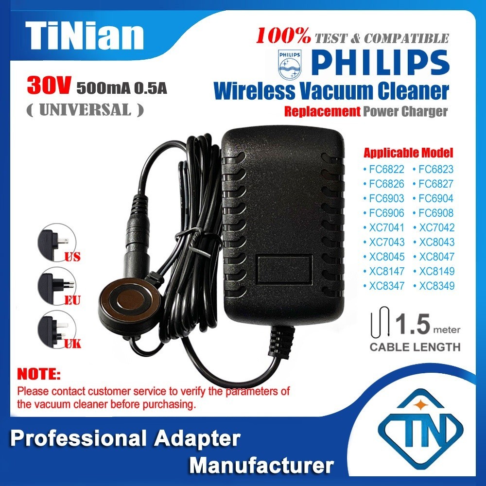 อะแดปเตอร์ชาร์จ 30V 500mA AC DC สําหรับเครื่องดูดฝุ่นไร้สาย PHILIPS FC6903 FC6823 XC8043 XC8147 XC8149 XC8349 SpeedPro Max 8000 Series Aqua Plus 25V Power Cyclone 8