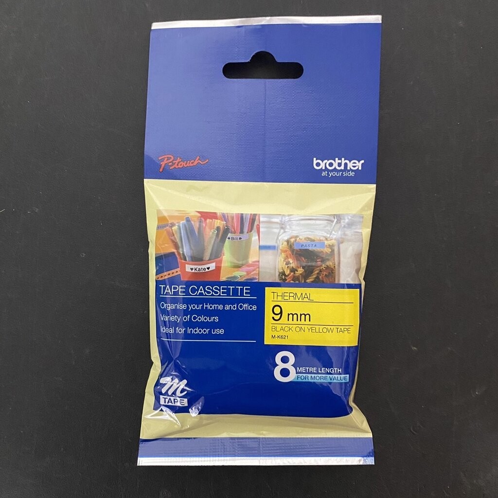 Brother M-K621 M Tape เทปพิมพ์อักษร ของแท้ ขนาด 9 มม. อักษรสีดำ พื้นสีเหลือง (ดำ/เหลือง)