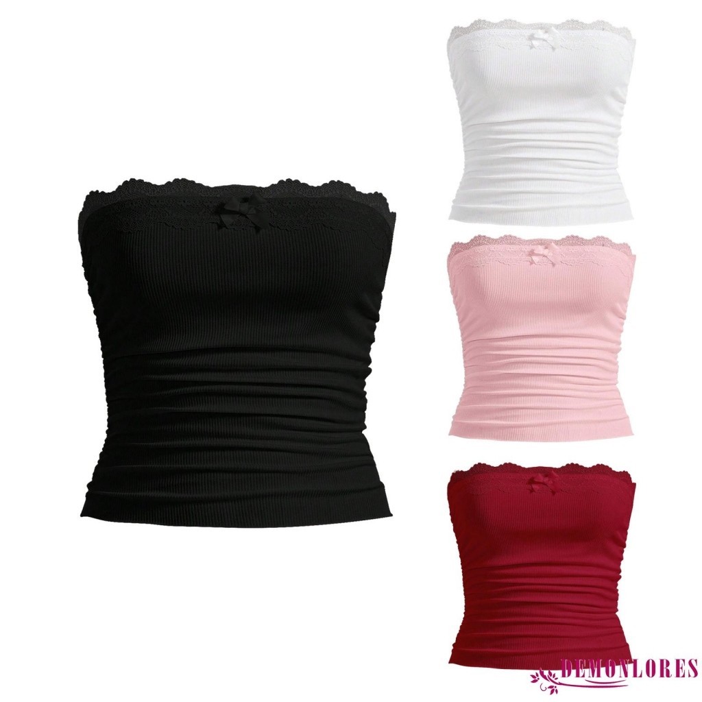 Demonlores-ผู้หญิงฤดูร้อน Tube Tops Lace Patchwork Strapless Cropped Bandeau Crop Tops