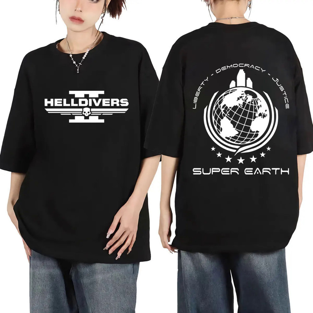 เสื้อยืดแขนสั้นลําลอง พิมพ์ลายกราฟฟิค Helldivers Super Earth สไตล์วินเทจ โอเวอร์ไซซ์ แฟชั่นสําหรับชาย และหญิง