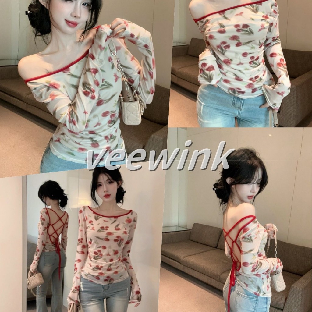 Veewink พร้อมส่งจากกทม เทศกาลสงกรานต์ Songkran เสื้อยืดแขนยาว สไตล์ปาดไหล่ ทรงเข้ารูปพอดีตัว สีหวานมาก