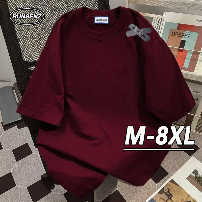 M-8xl แฟชั่นเกาหลีไวน์แดงผู้ชายขนาดบวกแขนสั้นเสื้อยืดลําลองหลวมเสื้อยืดขนาดใหญ่