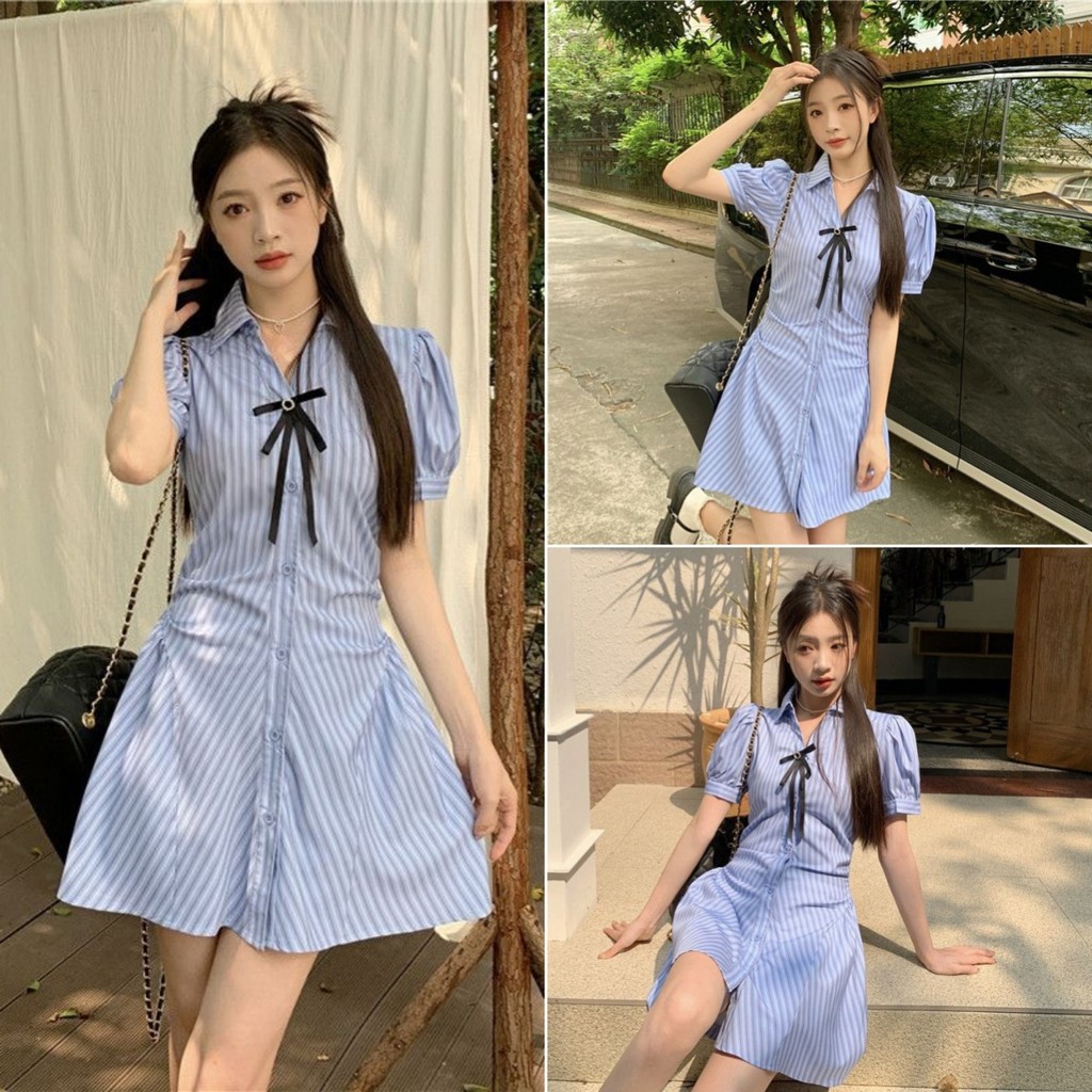 Luna Shop 🍒 พร้อมส่ง 💕 ชุดเดรสโบว์ลายทางสไตล์วิทยาลัยสำหรับผู้หญิง ชุดเดรสคอพับสไตล์เกาหลีแบบอ่อนโยน