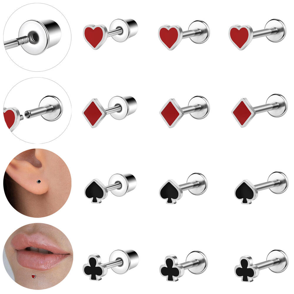 1 PC สแตนเลส Labret Lip เจาะ 16G หูเจาะหัวใจ Plum Bossom ต่างหูสตั๊ด 6/8 มม.ด้ายภายใน Helix Conch กระดูกอ่อนเจาะเงินสีแดงสีดํา
