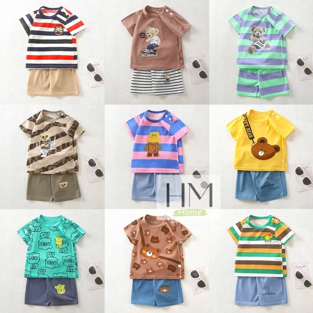 เสื้อผ้าเด็ก ชุดเซทเสื้อแขนสั้น+กางเกงขาสั้น ชุดเด็กลายการ์ตูน ผ้าcotton Size80-110