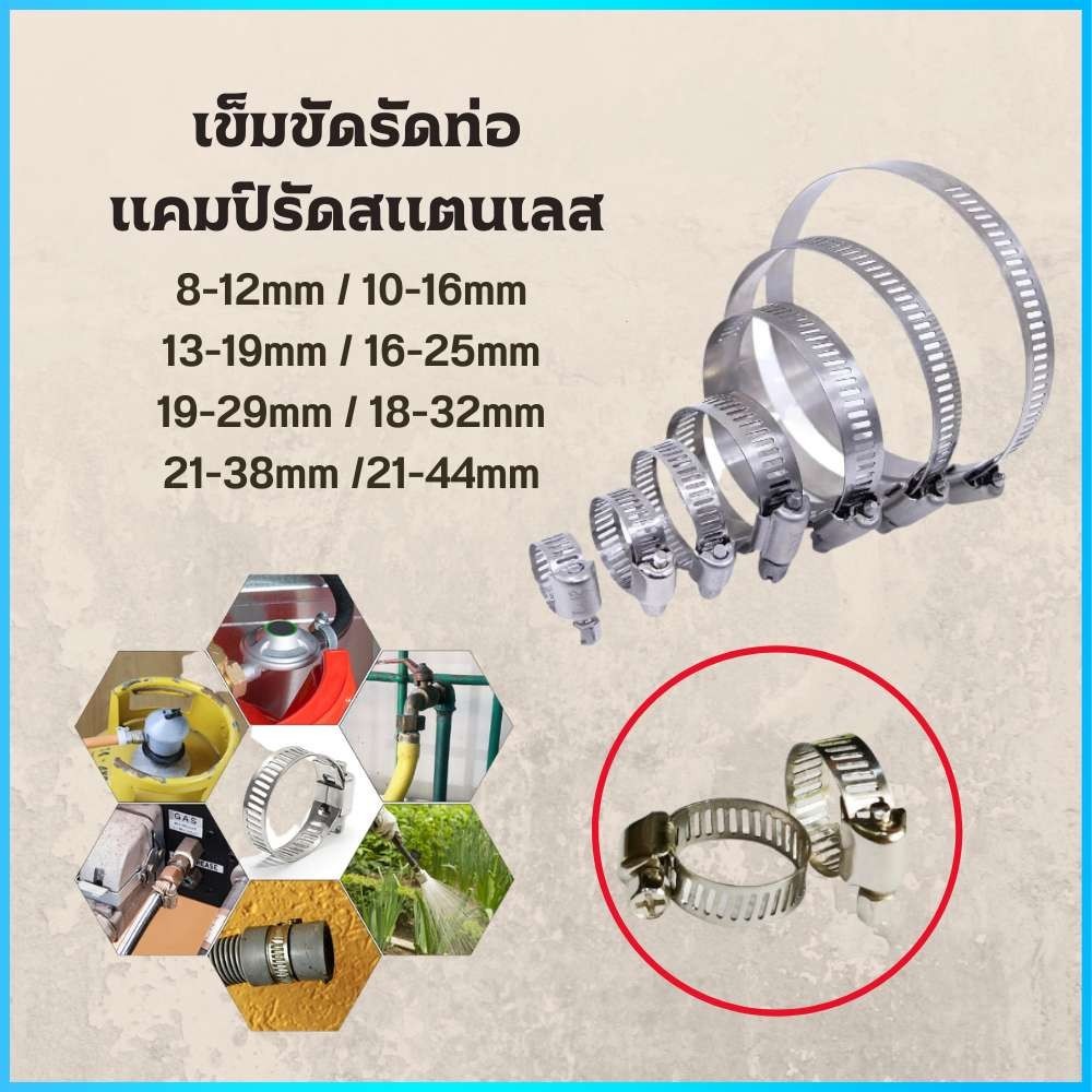 เข็มขัดรัดท่อ สายรัดท่อ แคลมป์รัดท่อ แค้มป์รัดสแตนเลส ที่รัดท่อ 8-44 มม.แบบขันน๊อต