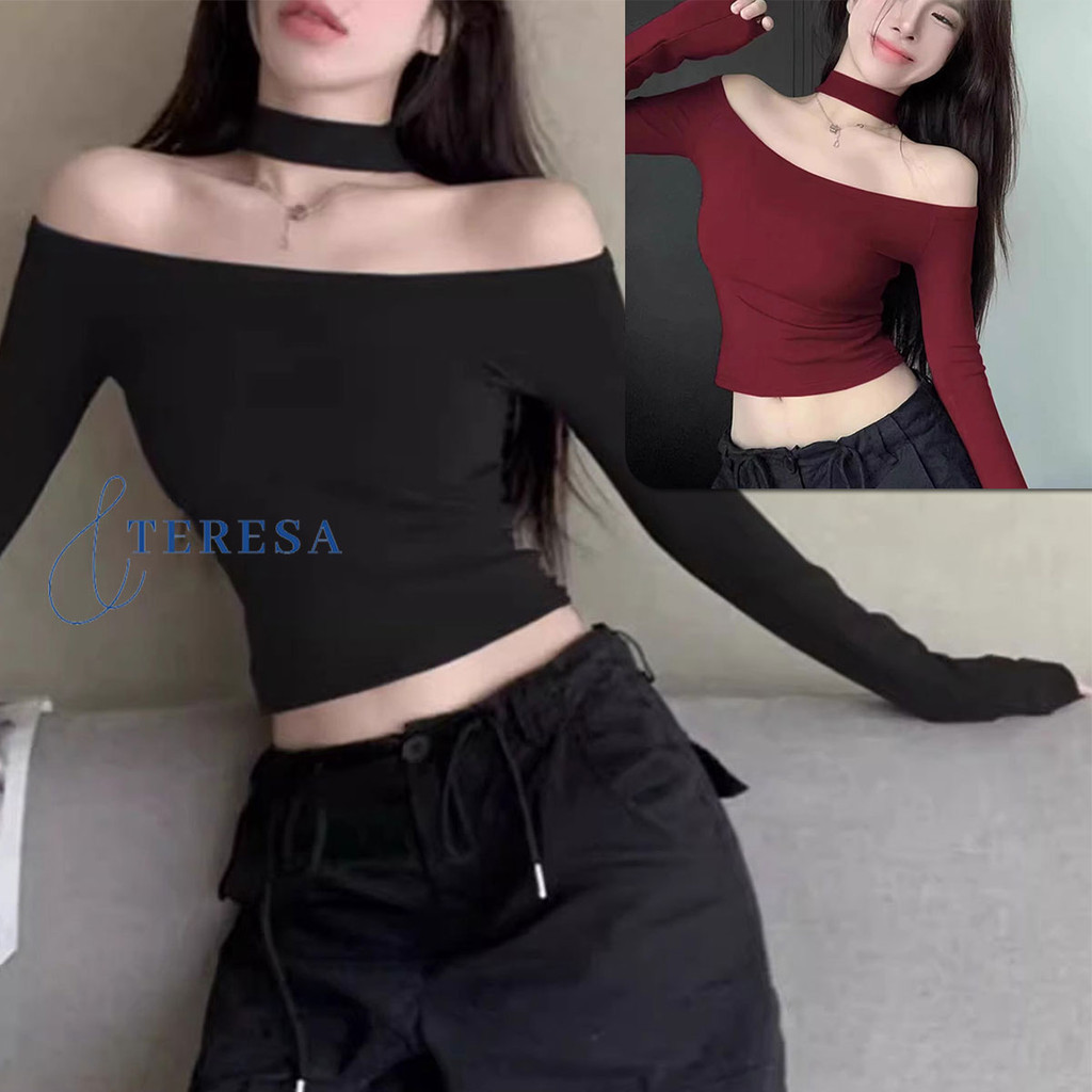 เสื้อปาดไหล่ คล้องคอ แขนยาว ทรงครอป สีพื้นเรียบๆ