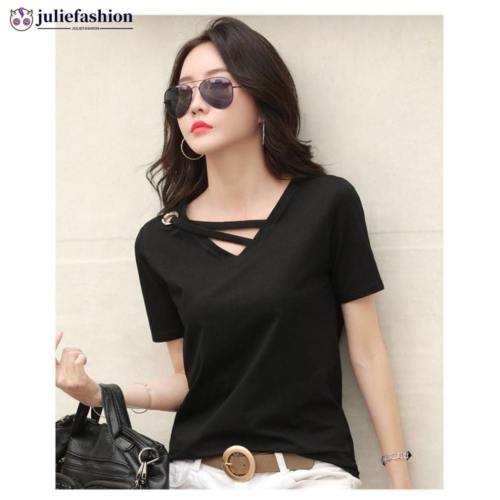 Juliefashion ใหม่ เสื้อยืดลําลอง คอวี ทรงหลวม สีขาว สีดํา แฟชั่นฤดูร้อน สําหรับสตรี A4J9