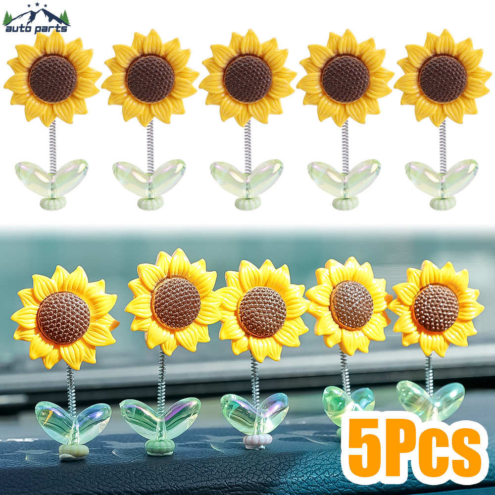 ดอกทานตะวันเขย่าหัว 5 ชิ้น - ตกแต่งกระจกมองหลังภายในรถ - เครื่องประดับดอกทานตะวันตลก - ของเล่นแกว่งสปริงดอกทานตะวันสด - อุปกรณ์เสริมรถยนต์ - การตกแต่งอัตโนมัติ DIY ที่สร้างสรรค์