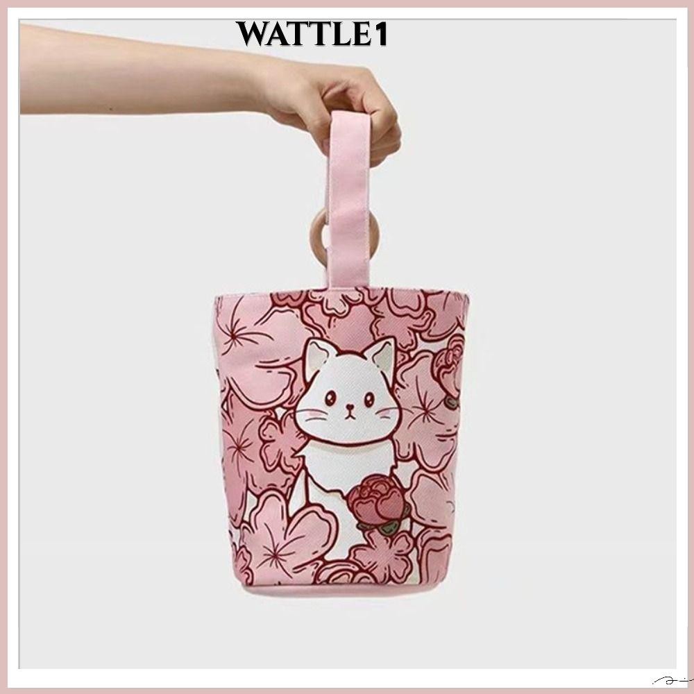 Wttle กระเป๋าทรงกระบอก ผ้าแคนวาส พิมพ์ลายการ์ตูนแมวน่ารัก กันน้ํา แบบพกพา สําหรับใส่กล่องอาหารกลางวัน