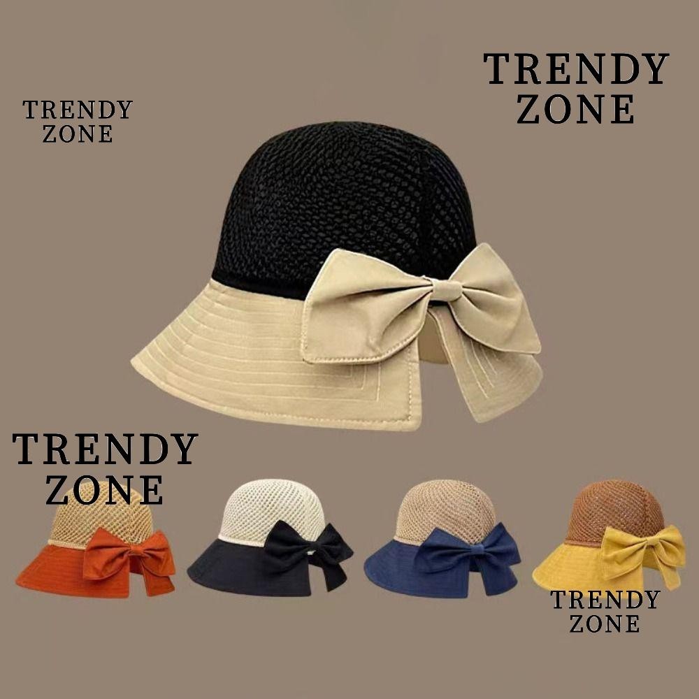 Trendyzone หมวกบักเก็ต ผ้าโพลีเอสเตอร์ ประดับโบว์ ขนาดใหญ่ กันแดด เรียบง่าย แฟชั่นฤดูใบไม้ผลิ และฤดูร้อน สําหรับผู้หญิง