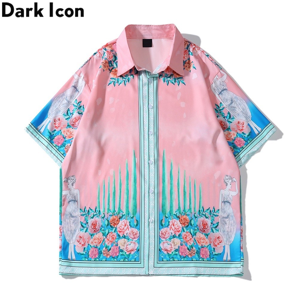 เสื้อเชิ้ต ลายดอกไม้ สีชมพูเข้ม เหมาะกับเดินชายหาด วันหยุด