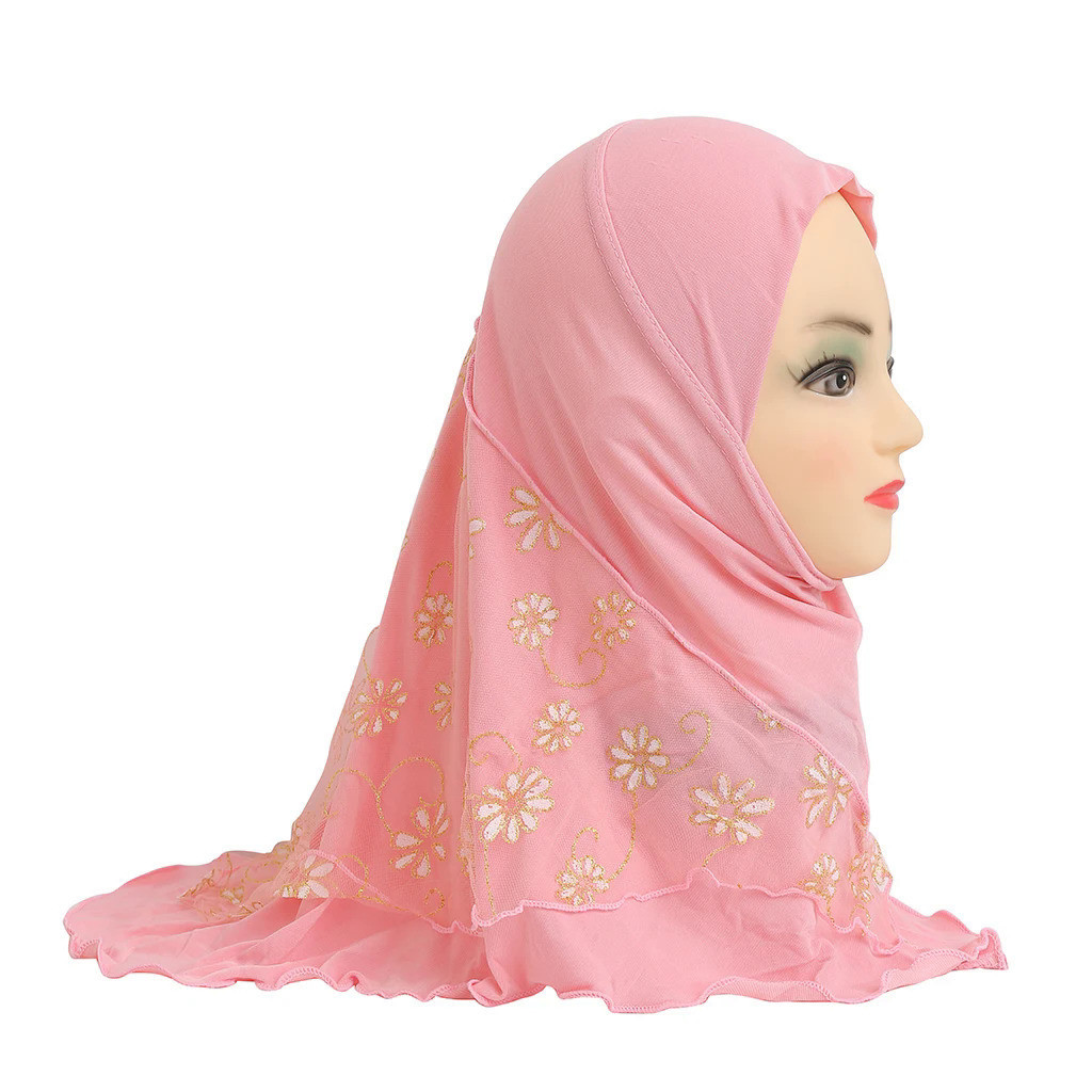 H043 beautiful small girl hijab with flower net cute hijab hats women's caps can fit 2-6 years old g