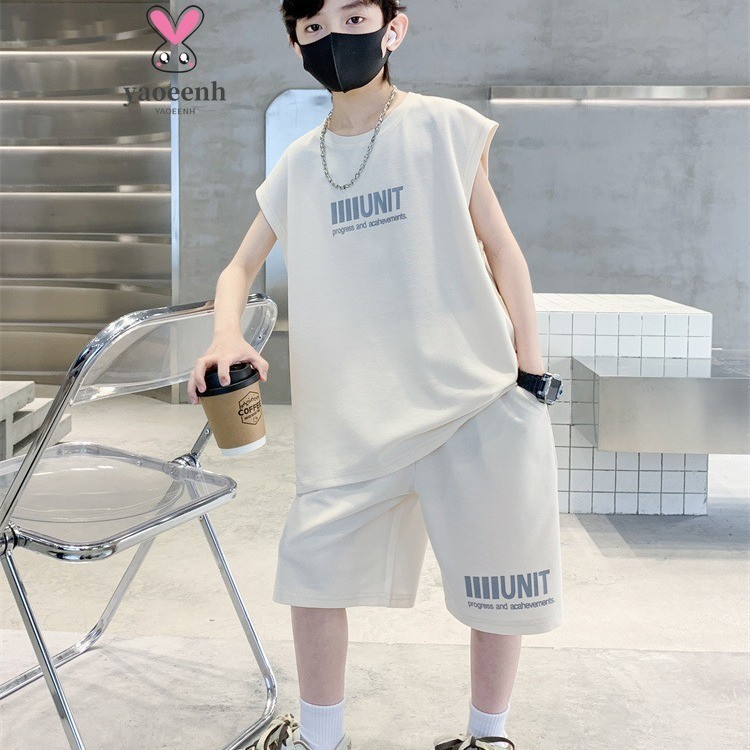 【YAOEENH】พร้อมส่ง ชุดกีฬา เสื้อกล้าม กางเกงขาสั้น แขนกุด สองชิ้น ขนาดใหญ่ 120-160 ซม. สําหรับเด็กผู้ชาย