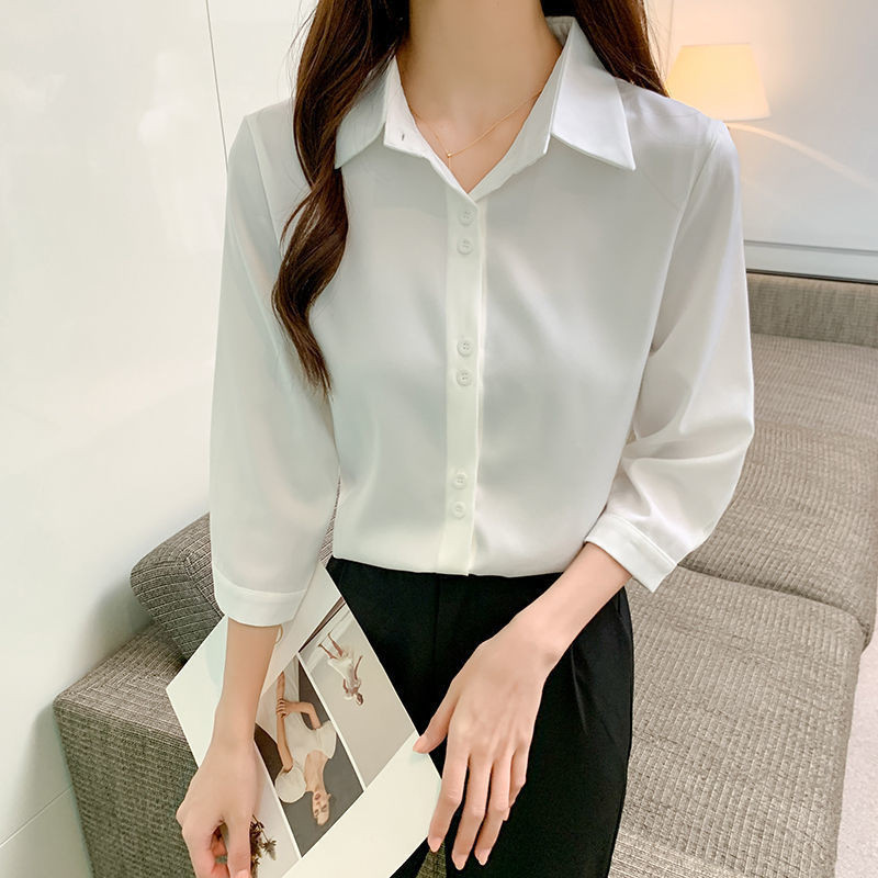 เสื้อเชิ้ตแขนสามส่วนลําลอง ทรงหลวม สีขาว แฟชั่นบอททอม สําหรับสตรี และนักเรียน
