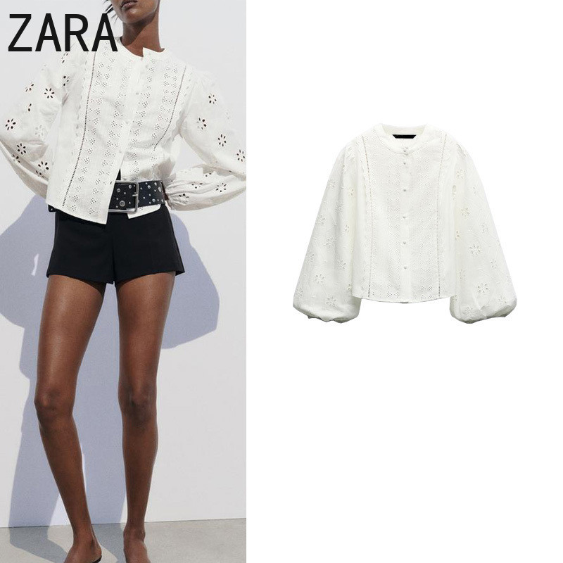 เสื้อเชิ้ต คอกลม แขนทรงโคมไฟ ปักลาย Zara แต่งกระดุมแถวเดียว แบบรูกลวง 8741047