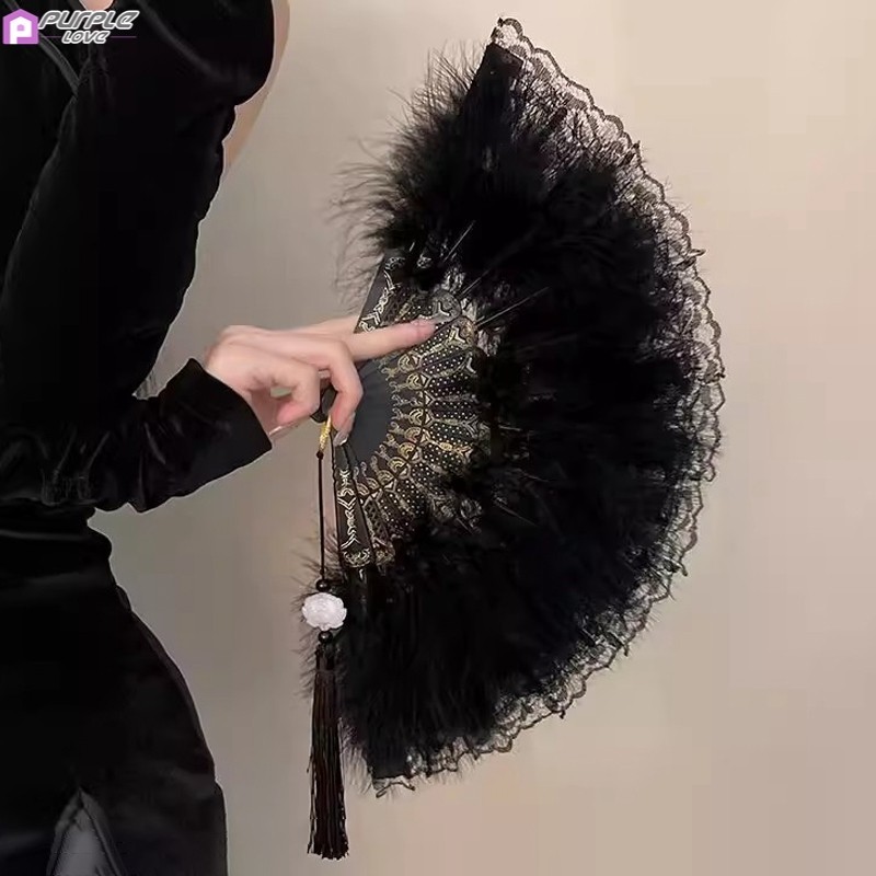 พัดขนนกประดิษฐ์ แบบพับได้ สไตล์จีน คลาสสิก อุปกรณ์ประกอบฉากถ่ายภาพ พัดของขวัญ