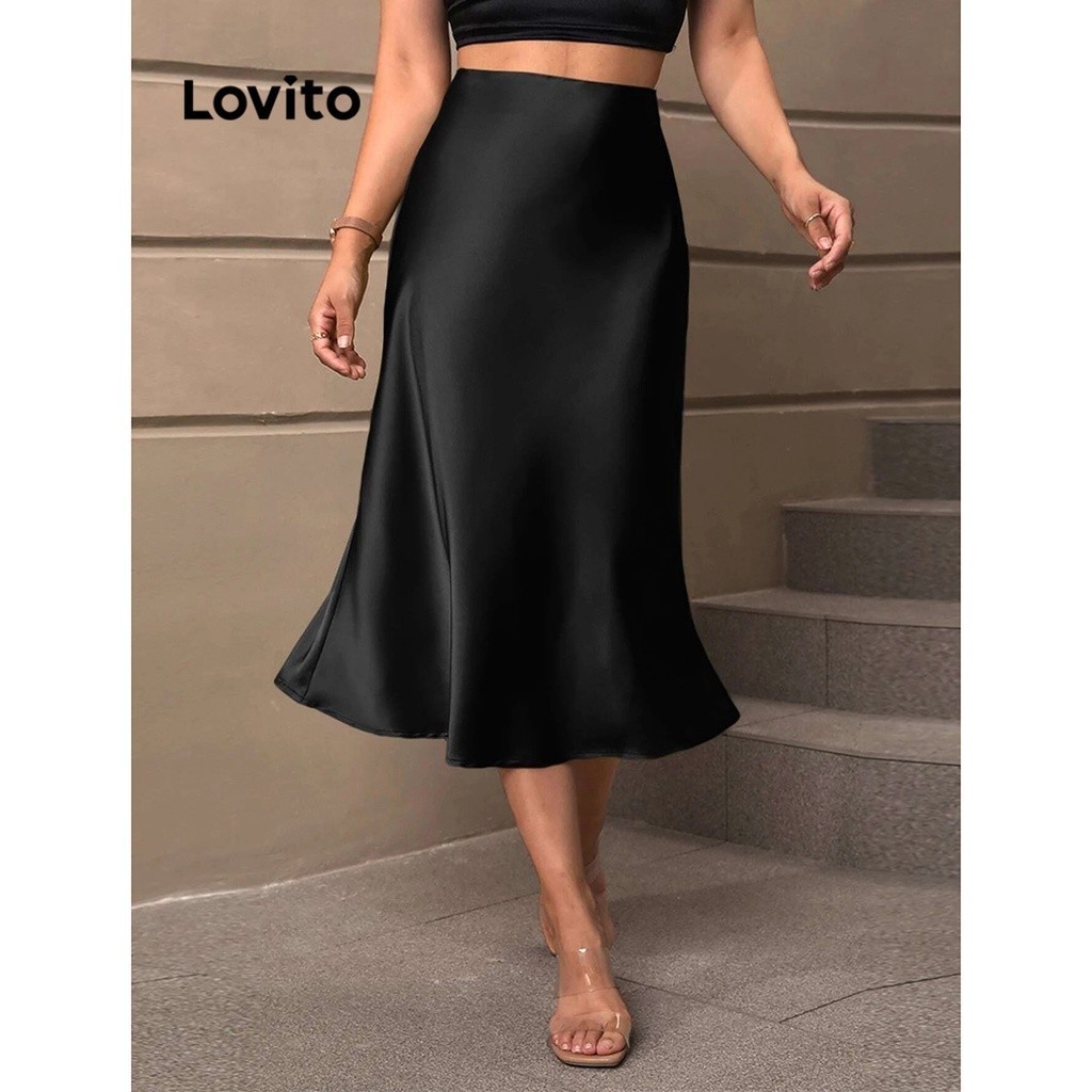 Lovito กระโปรงผู้หญิง มีซิป ชายระบาย สีพื้น หรูหรา LNE31164 (สีดำ)