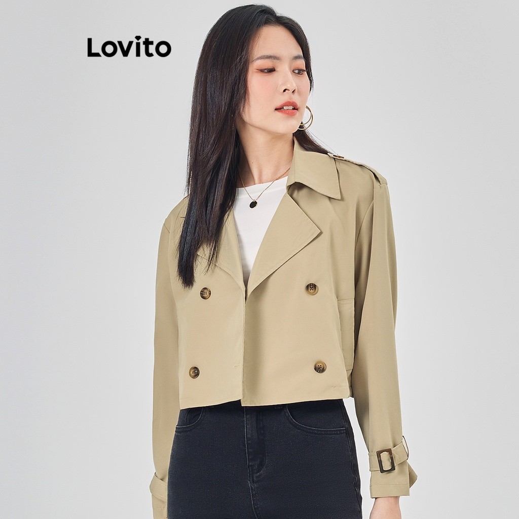 Lovito เสื้อแจ็คเก็ตผู้หญิง ผูกเชือก กระดุมด้านหน้า สีพื้น สไตล์ลำลอง L68ED073 (แอปริคอท/ดำ)