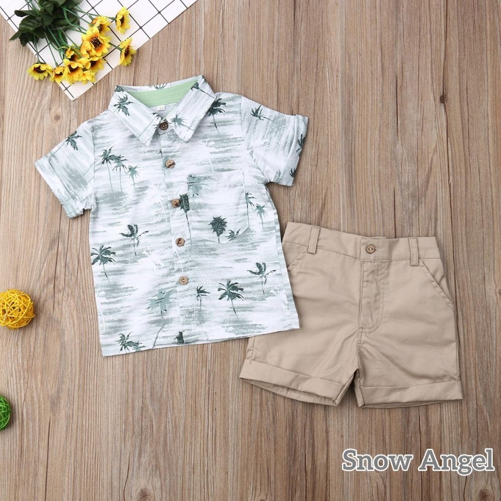 Baby Boy tidding Outfit Summer Set เสื้อยืดแขนสั้นพิมพ์ลายต้นมะพร้าว + กางเกงขาสั้นกระดุมกระเป๋าสีกากี