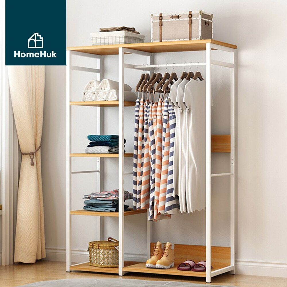 HomeHuk โครงตู้เสื้อผ้าพร้อมชั้นวาง - สีบีช/ขาว