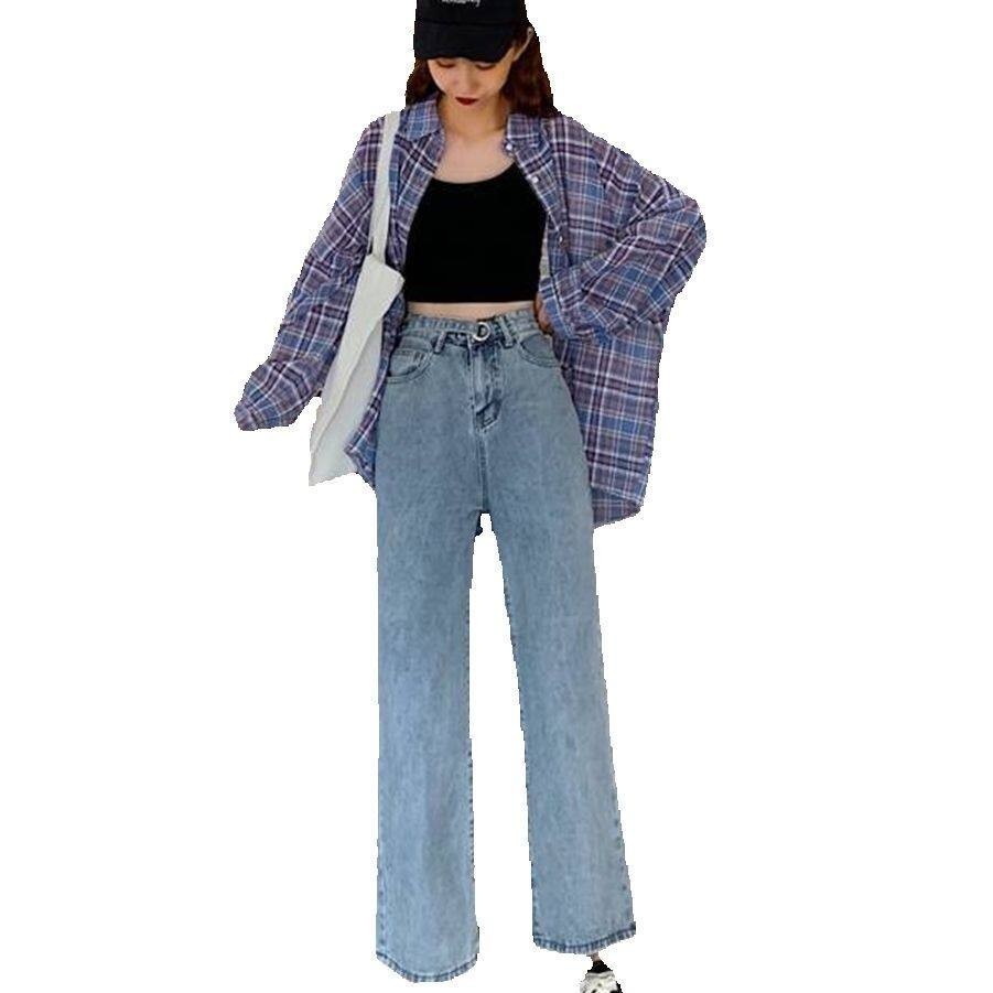 NINGFASHION กางเกงยีนส์เอวสูงขายาว  ทรงบอยผู้หญิง  รุ่น W067