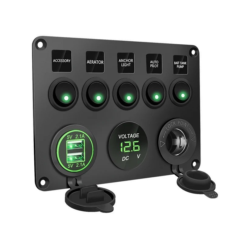 ซ็อกเก็ตอะแดปเตอร์ไฟ 5 ตําแหน่ง 12V พร้อมฝาครอบกันน้ํา 4.2A Dual USB Charger LED Digital Voltmeter Switch Toggle Truck Camper Marine