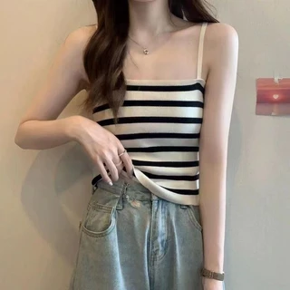 เสื้อสายเดี่ยว ผ้าไหมพรม ลายทาง ใส่ฤดูร้อน น่ารักๆสุดๆ เทรนด์ยอดนิยม มี4สี พร้อมส่ง E-M0511