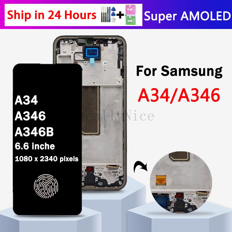 Super AMOLED A34 อะไหล่หน้าจอสัมผัสดิจิทัล LCD SM-A346B A346U A346E สําหรับ Samsung A34 5G