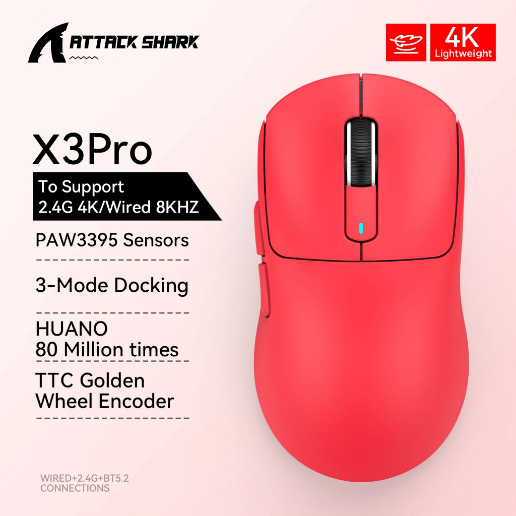 Attack Shark X3 Pro 4K/8K เมาส์ไร้สาย Tri-Mode 2.4G 5.2BT 26000DPI PAW3395 เมาส์สํานักงานเกม