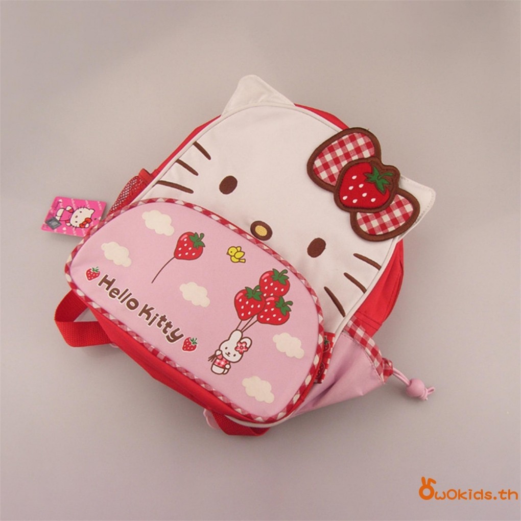 GRAO-Sanrio Hello Kitty กระเป๋าเป้สะพายหลังสําหรับเด็กผู้หญิงน่ารักสตรอเบอร์รี่พิมพ์กระเป๋านักเรียนน้ําหนักเบากระเป๋าหนังสือเด็ก
