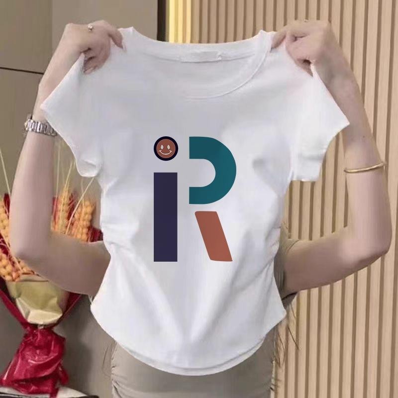 เสื้อยืดแขนสั้นผ้าฝ้าย100%เอวสูงจับจีบแฟชั่นฤดูร้อนสําหรับผู้หญิง