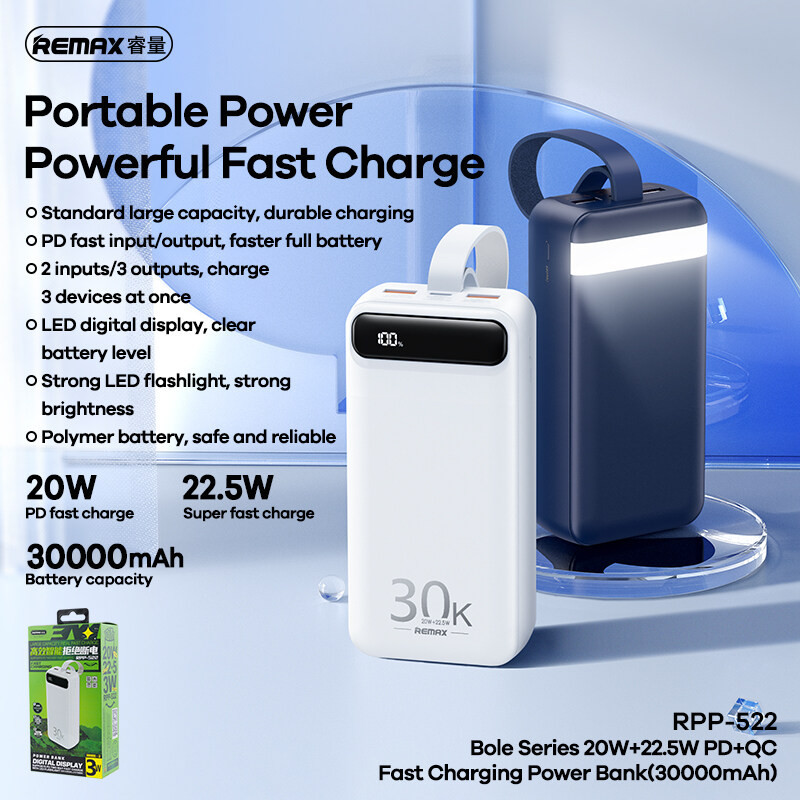 Remax RPP-520 10000MAH / RPP-521 20000MAH / RPP-522 30000 mAh แบตเตอรี่สำรอง Power Bank PD22.5W พาวเวอร์แบงค์ชาร์จเร็ว