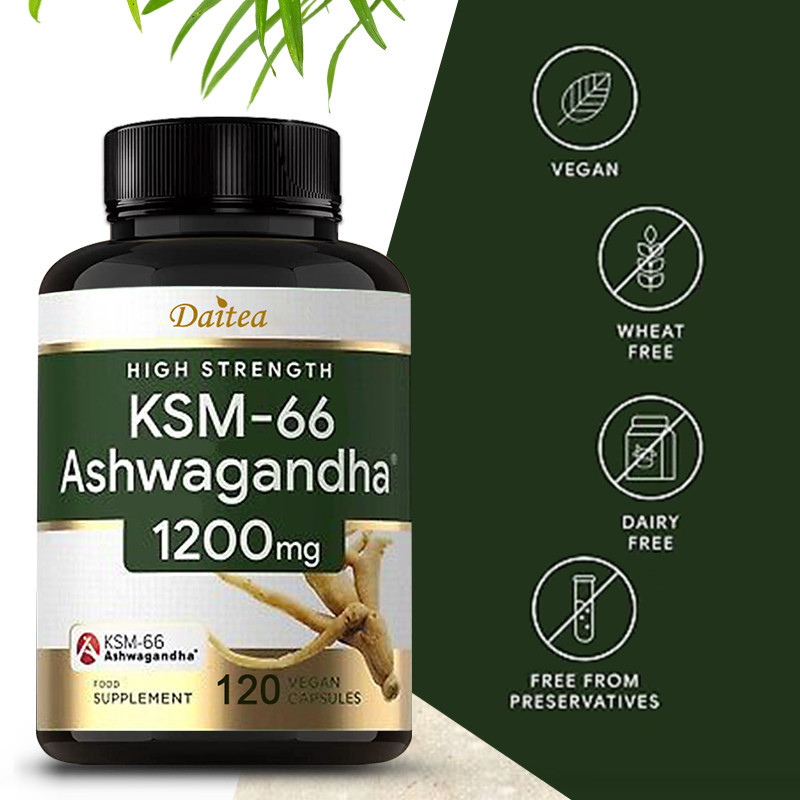 Ashwagandha แคปซูล 1200 มก. พร้อมสารสกัดจาก Ashwagandha KSM-66-120 แคปซูลมังสวิรัติ - บรรเทาความวิตกกังวล, อาหารเสริมบรรเทาความเครียด