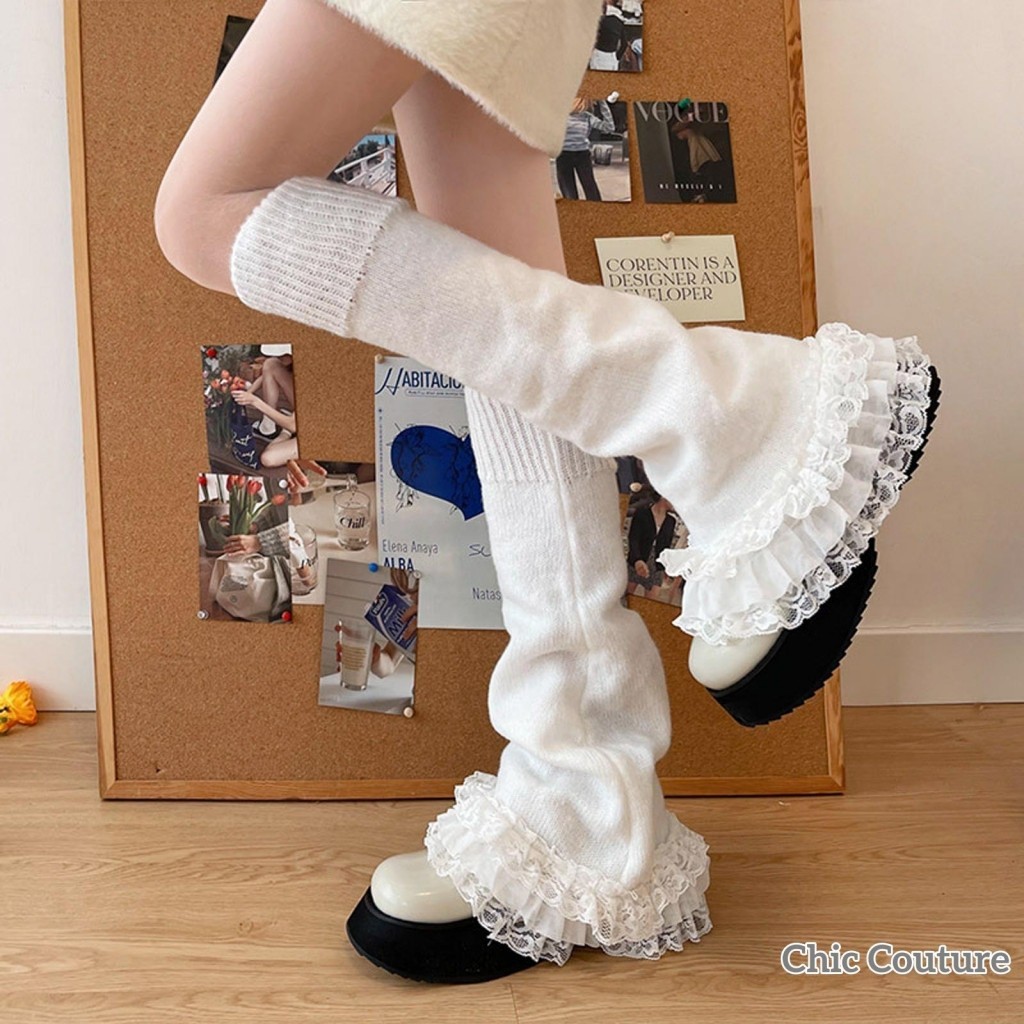 Wlmz-ผู้หญิง́ Lolita อุ่นขาสีทึบ Ruffled Lace Patchwork ถุงเท้าลูกวัว Kawaii Flare ถุงน่องสูง