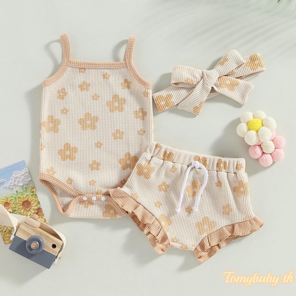 Tomybaby- ชุดรอมเปอร์ เสื้อกล้าม ผ้าถัก ลายดอกไม้ และกางเกงขาสั้น แต่งระบาย และที่คาดผม แฟชั่นฤดูร้อน สําหรับเด็กผู้หญิง 3 ชิ้น ราคา ถูกที่สุด ดีลบีเคเค แกลเลอรีภาพที่ 9