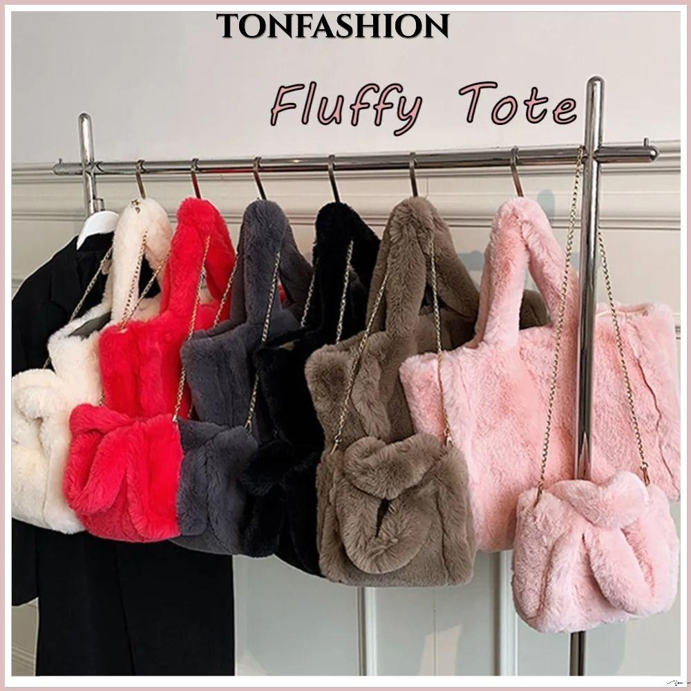 Tonfashion กระเป๋าสะพายไหล่ ผ้ากํามะหยี่ขนนิ่ม ขนเฟอร์เทียม แฟชั่นฤดูหนาว ไซซ์ S/L