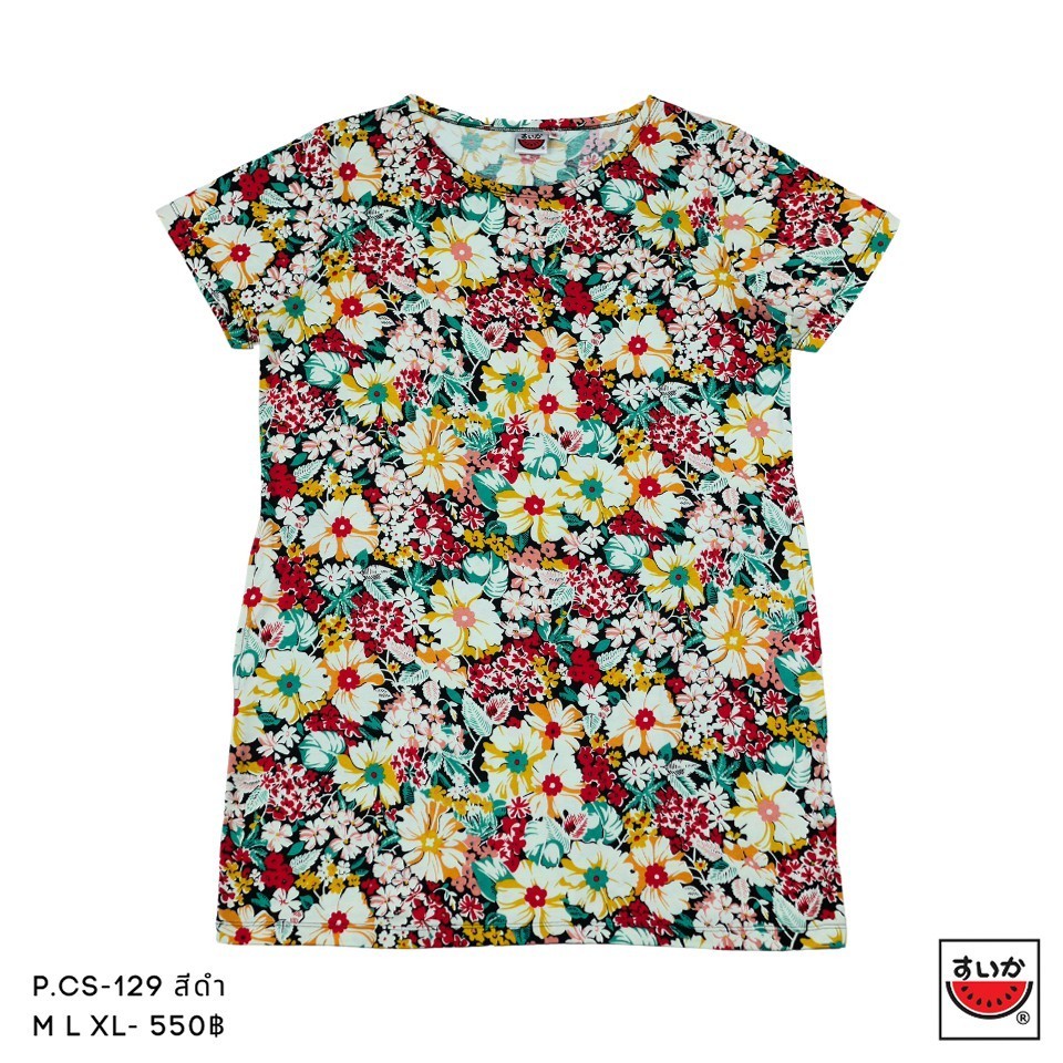 แตงโม (SUIKA) เสื้อยืดคอปาดแขนสั้นชุดแซกเจาะกระเป๋าข้าง พิมพ์ลายดอกไม้ (P.CS-129)