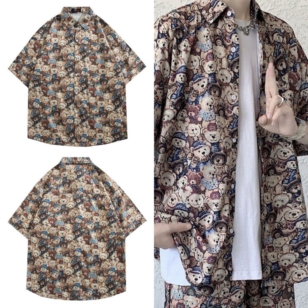 ราคาถูกที่สุด เสื้อเชิ้ตแขนสั้น คอปก แพทเทินลายน้องหมีโทนน้ำตาล เสื้อฮาวาย