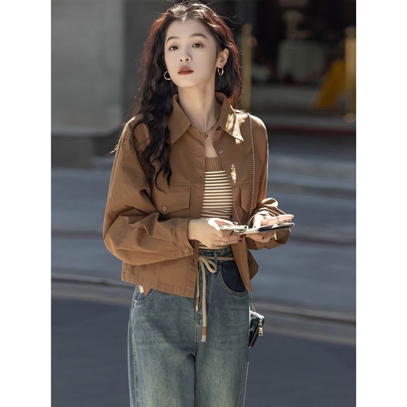 Size:S-3XL เสื้อแจ็คเก็ตสั้นสีทึบเรียบง่ายสำหรับผู้หญิงตัวเล็ก เสื้อแจ็คเก็ตแขนยาวสไตล์เกาหลีย้อนยุค