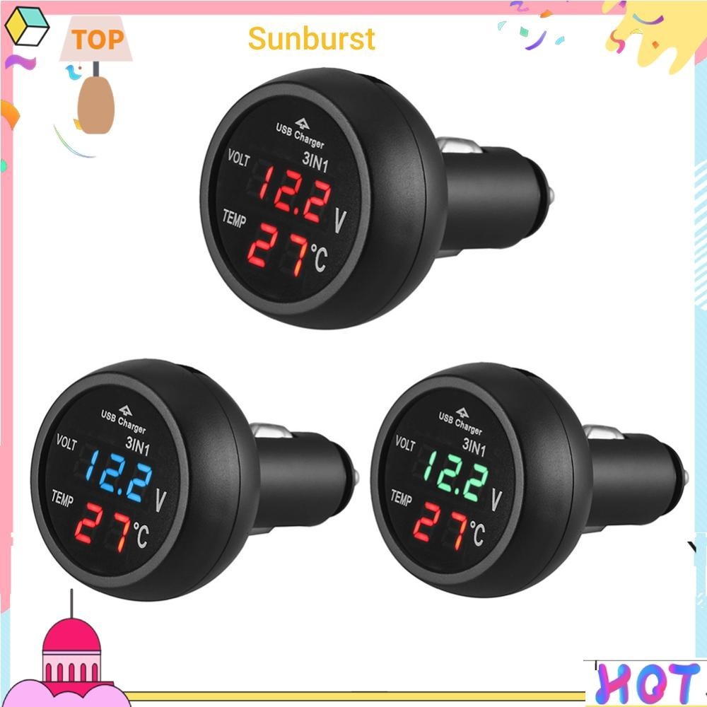 3 in 1 เครื่องวัดโวลต์มิเตอร์ดิจิทัล LED 12 24V พร้อมเทอร์โมมิเตอร์ และที่ชาร์จ USB สําหรับรถยนต์ [Sunburst11.th]