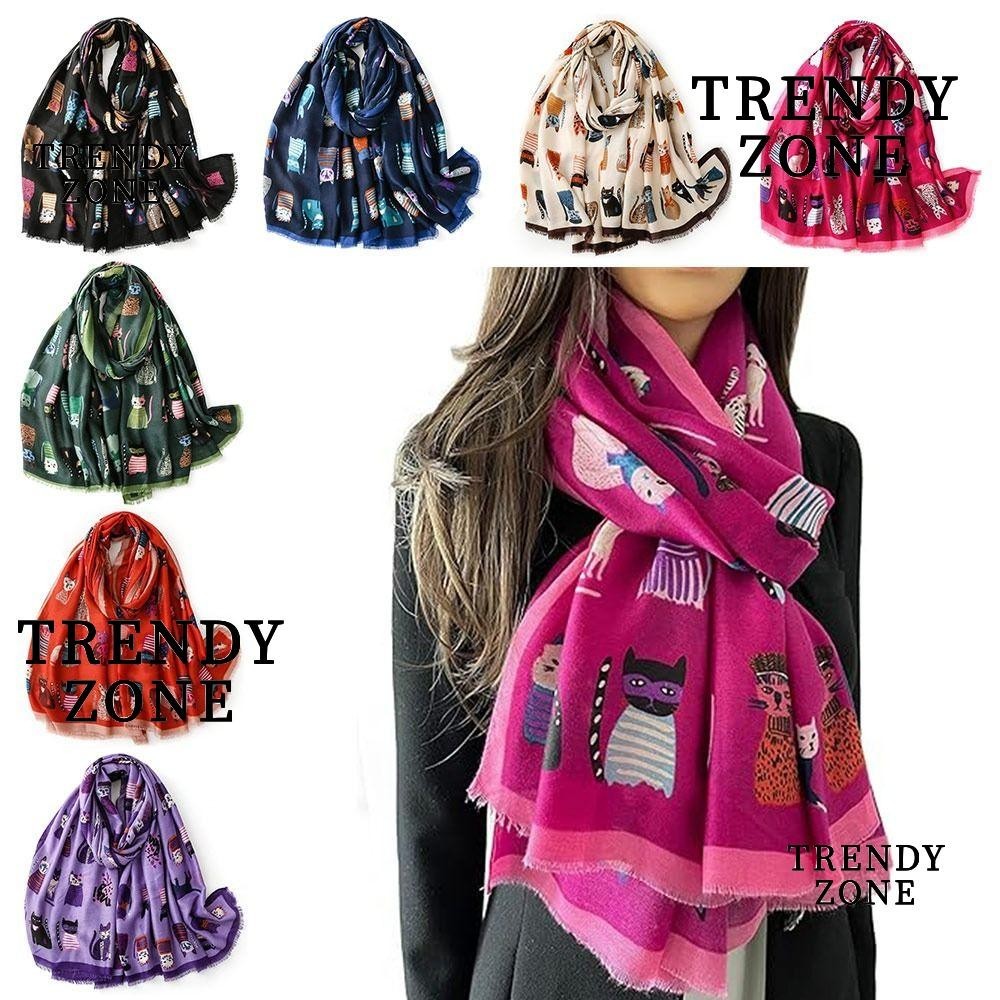 Trendyzone ผ้าพันคอ ผ้าคลุมไหล่ ผ้าโพลีเอสเตอร์ไฟเบอร์ พิมพ์ลายการ์ตูนแมว น้ําหนักเบา ให้ความอบอุ่น แฟชั่นสําหรับผู้หญิง