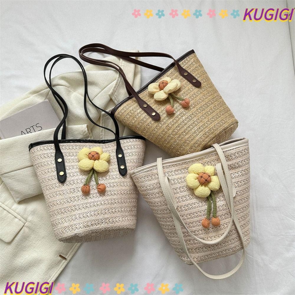 Kugigi กระเป๋าสาน ฟางสาน สาน กระเป๋าสะพายไหล่ ความจุขนาดใหญ่ สาน ฤดูใบไม้ผลิ ฤดูร้อน เดินทาง เด็กผู้หญิง