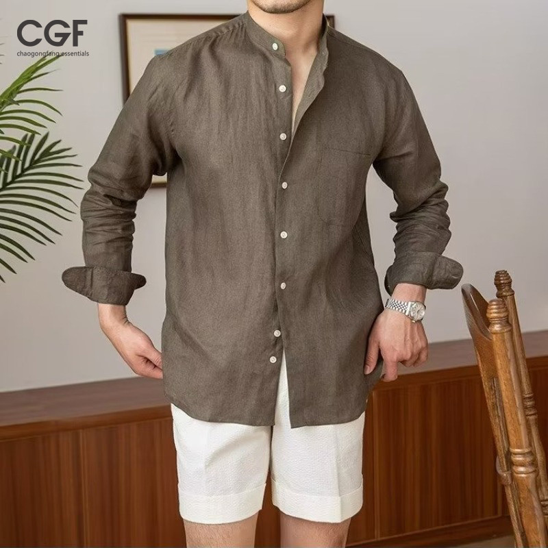 Chaogongfang เสื้อเชิ้ตแขนยาว ผ้าลินิน คอปก ทรงหลวม สไตล์เกาหลี แฟชั่นฤดูใบไม้ผลิ สําหรับผู้ชาย