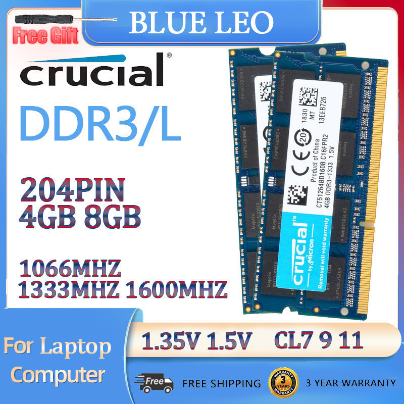Crucial แรมหน่วยความจํา 4GB 8GB DDR3 DDR3L 1600Mhz 1333Mhz 1066Mhz LAPTOP RAM PC3 PC3L 8500S 10600S 12800S 1.5 1.35V SO-DIMM