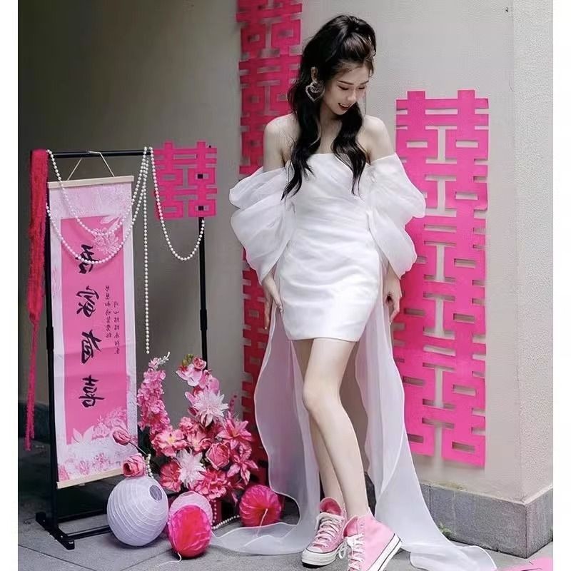 ใหม่ ชุดเดรสเจ้าสาว เปิดไหล่ข้างเดียว สีขาว สไตล์จีน เหมาะกับฤดูร้อน สําหรับงานแต่งงาน งานหมั้น