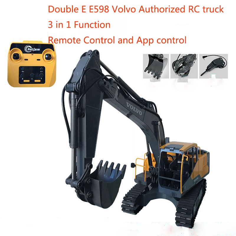 Double E E598 Volvo Authorized 3 In 1 รถขุดบังคับ รถบักเก็ตวิศวกรรม รถบรรทุก 1/16 2.4G รีโมตคอนโทรล 