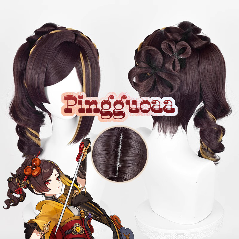 Genshin Impact Chiori Cosplay Wig 43cm Long Brown Yellow Mixed Wigs Heat Resistant Synthetic Hair