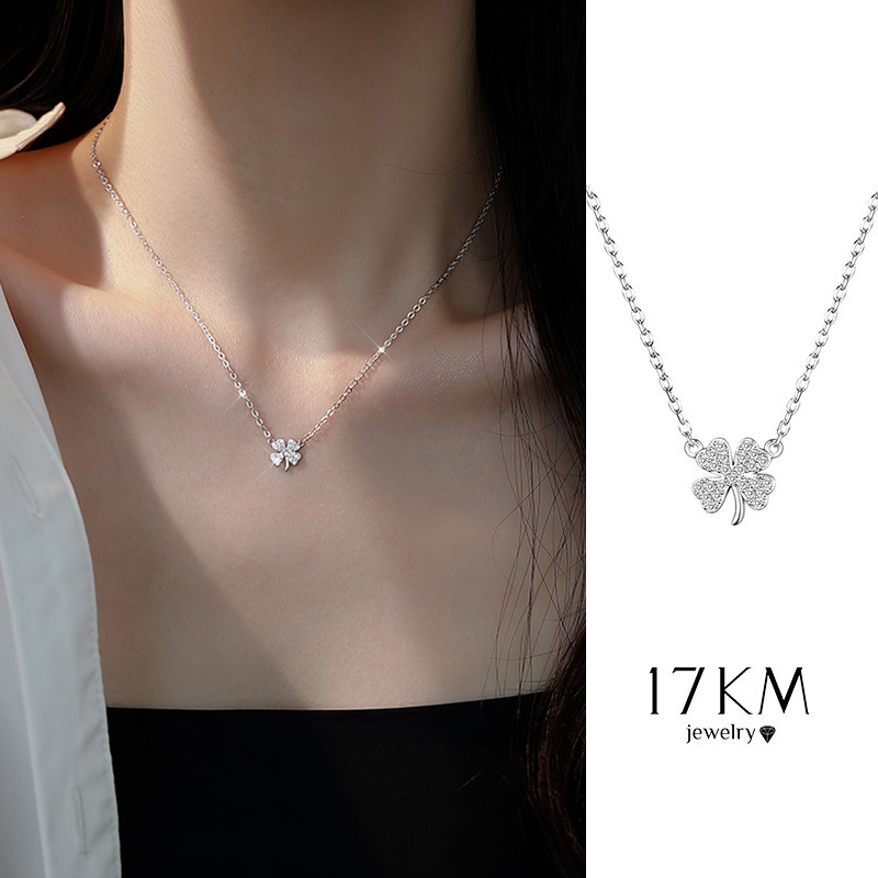 17 กม. ที่เรียบง่าย สี่ใบโคลเวอร์ สร้อยคอ สําหรับผู้หญิง คริสตัล สีเงิน จี้โซ่ โช้คเกอร์ เครื่องประดับ อุปกรณ์เสริม