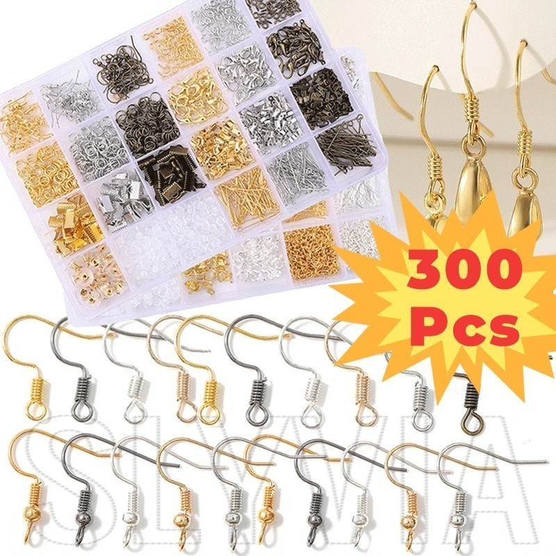 ชุดตะขอต่างหู กันแพ้ สีเงิน สีทอง อเนกประสงค์ สําหรับทําเครื่องประดับ DIY 300 ชิ้น ต่อถุง